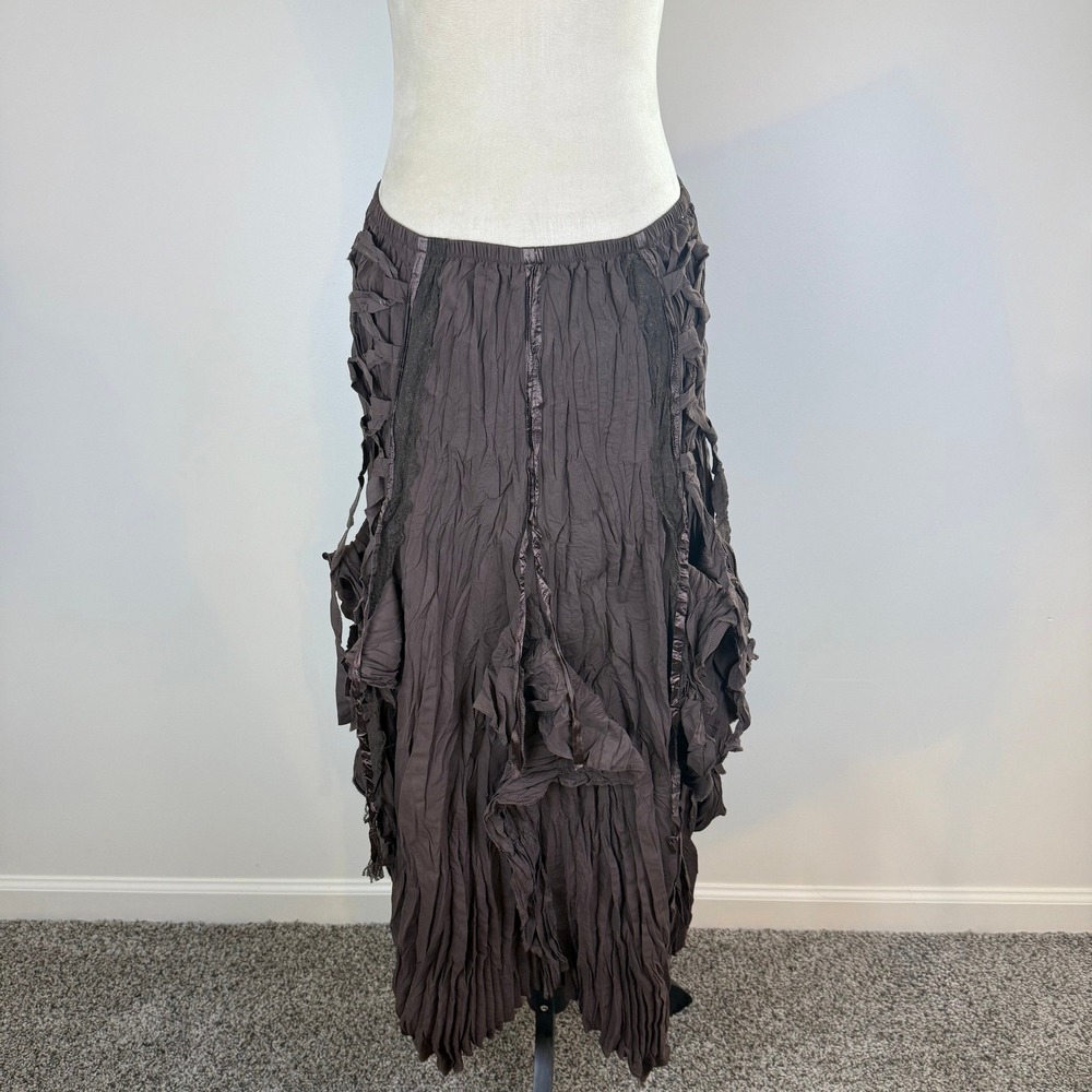 NWT Surrealist Brown Fairy Crinkle Ruffle Maxi Skirt Lace Up Ribbon Boho Whimsy - Picture 3 of 11
